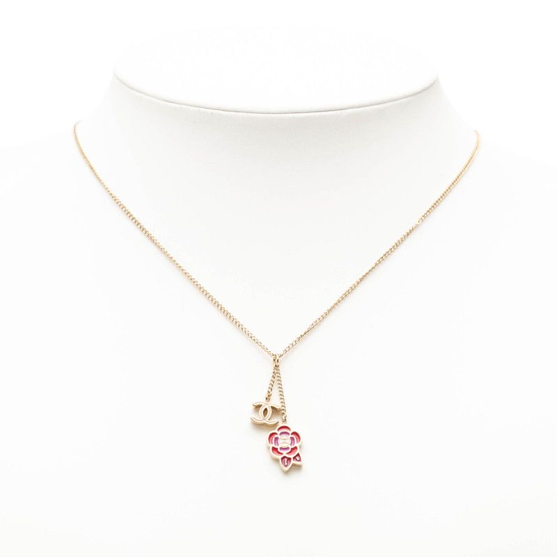 Chanel Camellia CC Logo Flower Motif Necklace Gold Red Pink Plated 1 — view 6