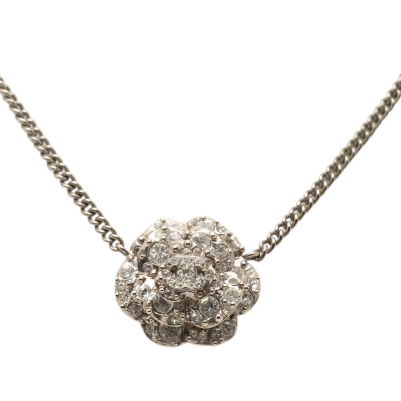 Chanel Camellia CC Logo Necklace Silver Metal Rhinestone 1