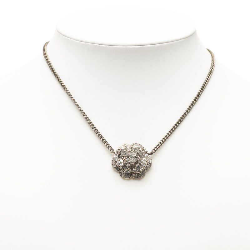 Chanel Camellia CC Logo Necklace Silver Metal Rhinestone 1 — view 6