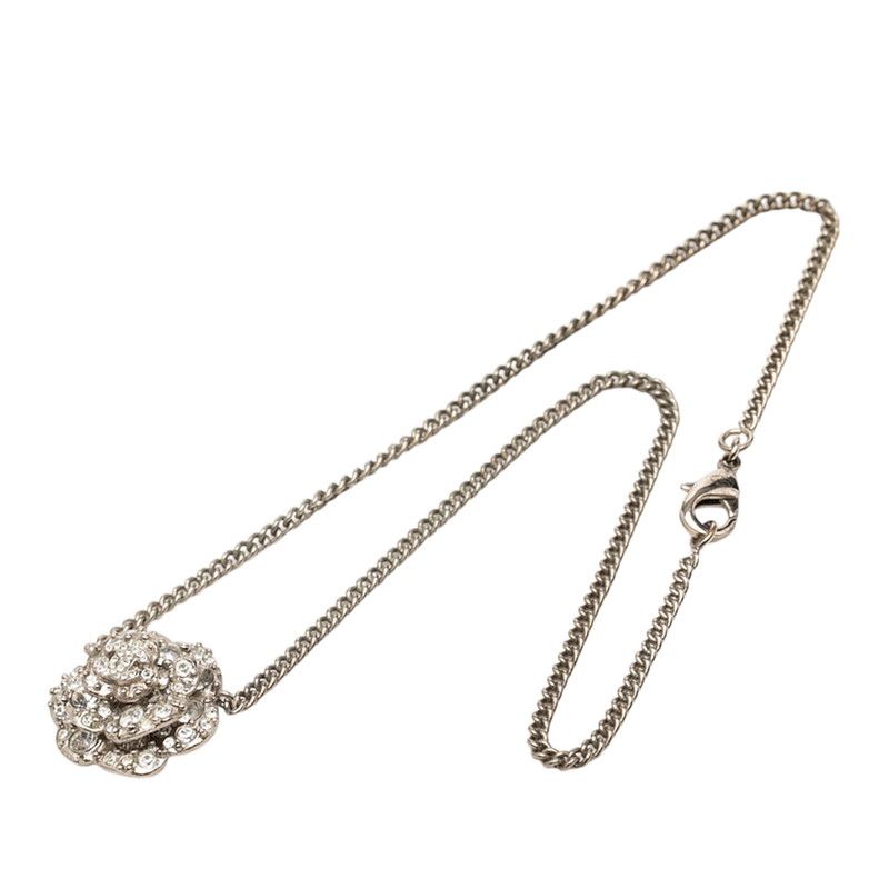 Chanel Camellia CC Logo Necklace Silver Metal Rhinestone 1 — view 3