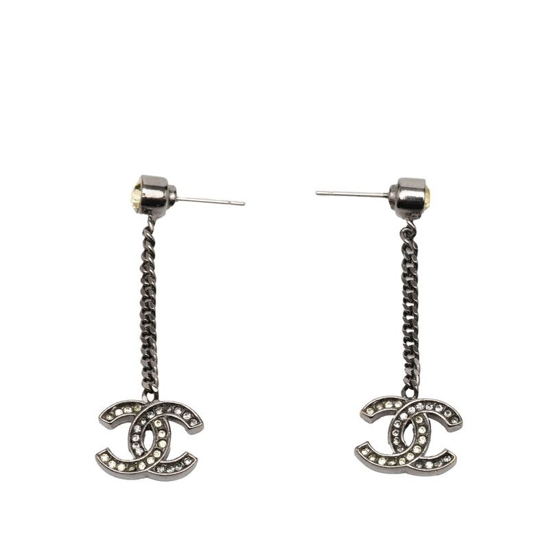 Chanel CC Logo Earrings Silver Yellow Metal Rhinestone 1