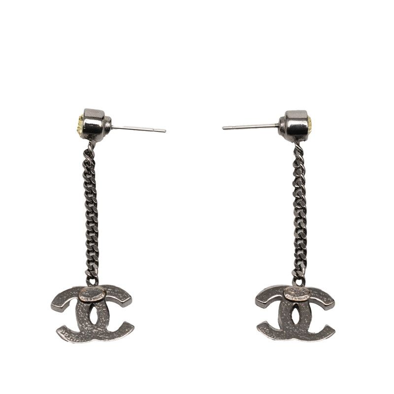 Chanel CC Logo Earrings Silver Yellow Metal Rhinestone 1 — view 2