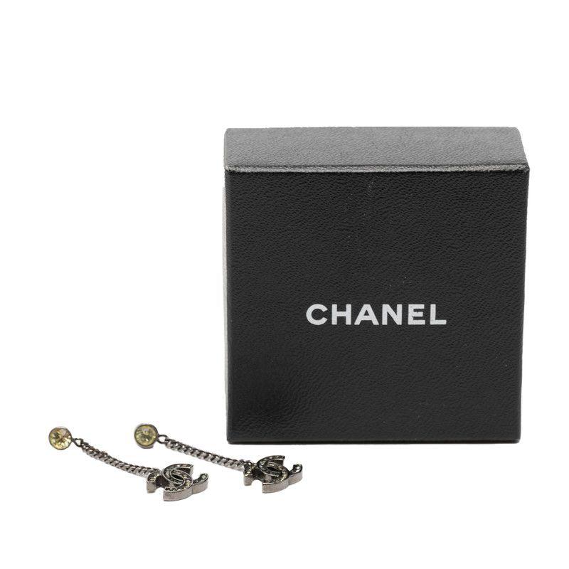 Chanel CC Logo Earrings Silver Yellow Metal Rhinestone 1 — view 4