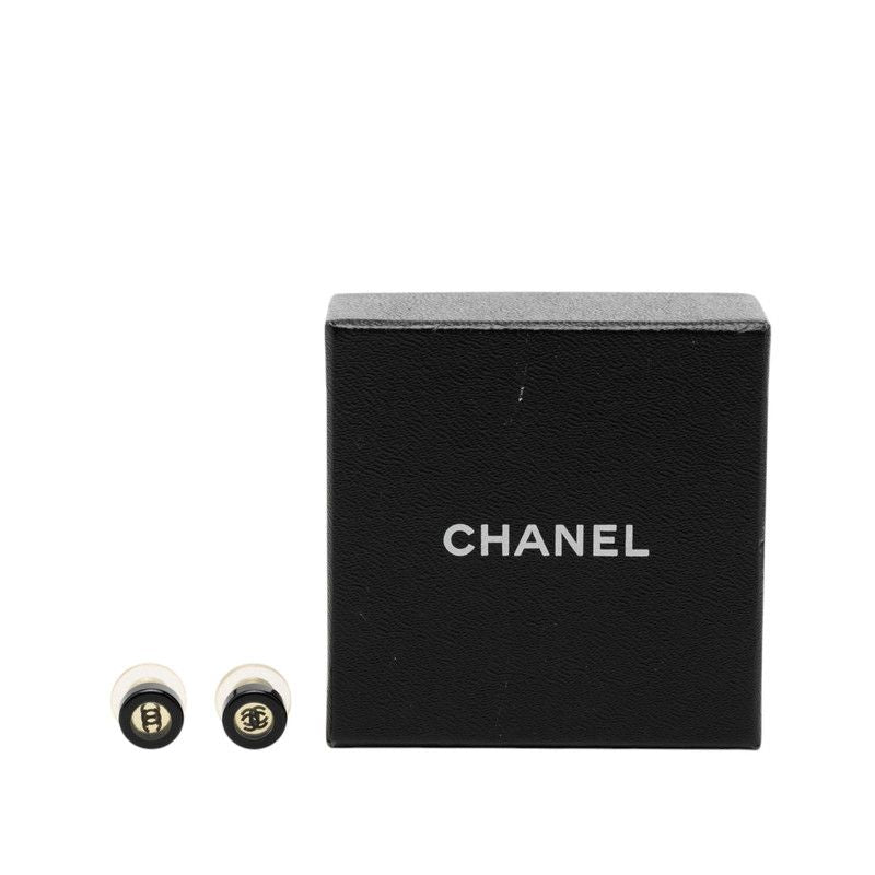 Chanel CC Logo Stud Earrings Silver Black Metal Plastic 1 — view 4