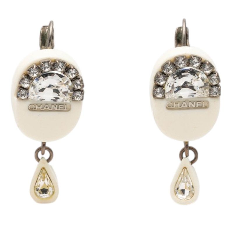 Chanel Logo Earrings Silver White Metal Rhinestone 1