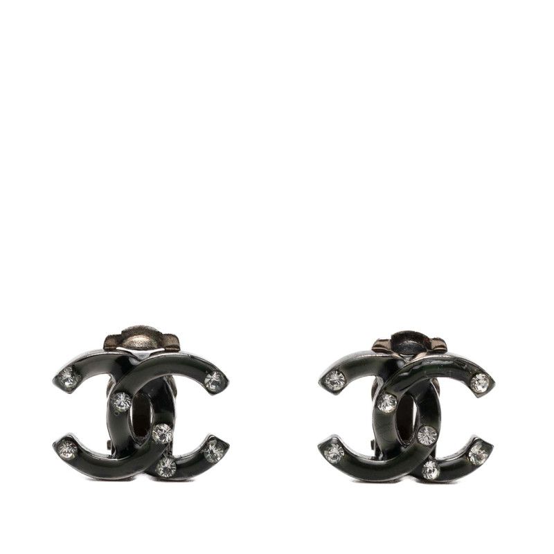 Chanel CC Logo Earrings Silver Green Metal Rhinestone 1