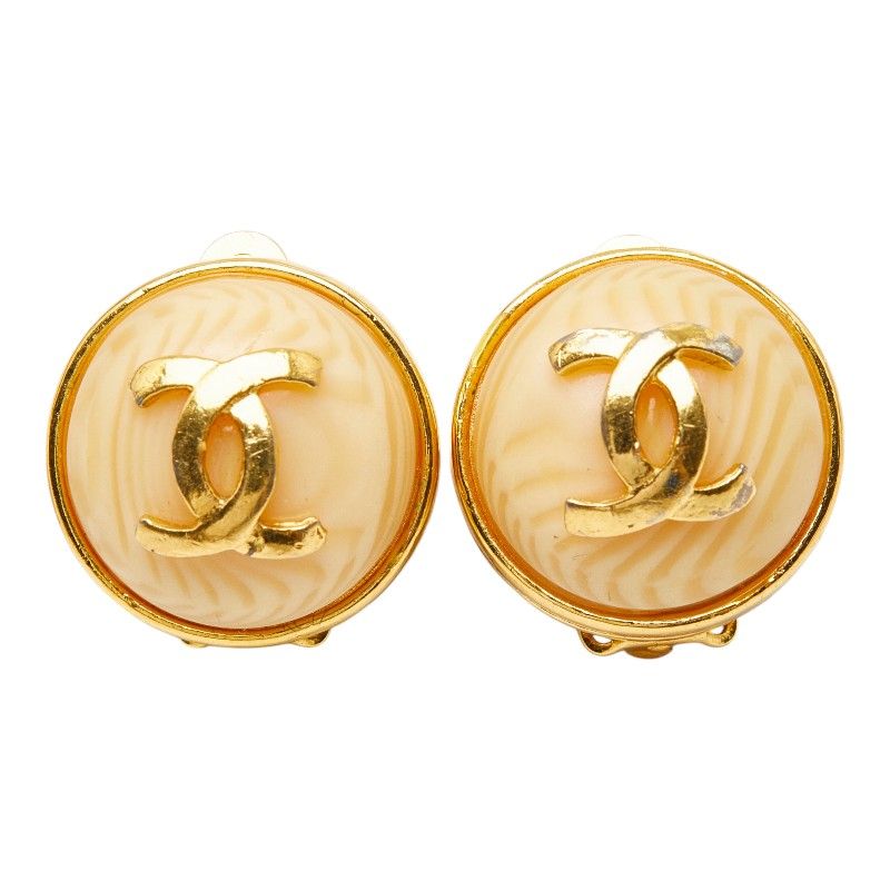 Chanel CC Logo Round Circle Vintage Earrings Gold Beige Plated Resin 1