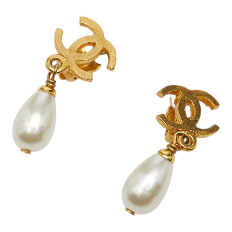 Chanel CC Logo Faux Pearl Swing Earrings Metal 1