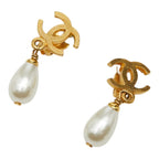 Chanel CC Logo Faux Pearl Swing Earrings Metal 1