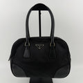 Prada Tote Shoulder Bag Black Leather Nylon Vintage