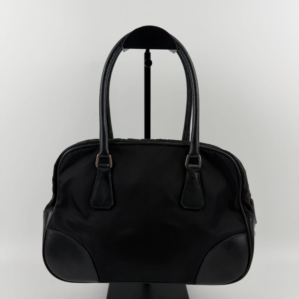 Prada Tote Shoulder Bag Black Leather Nylon Vintage — view 2