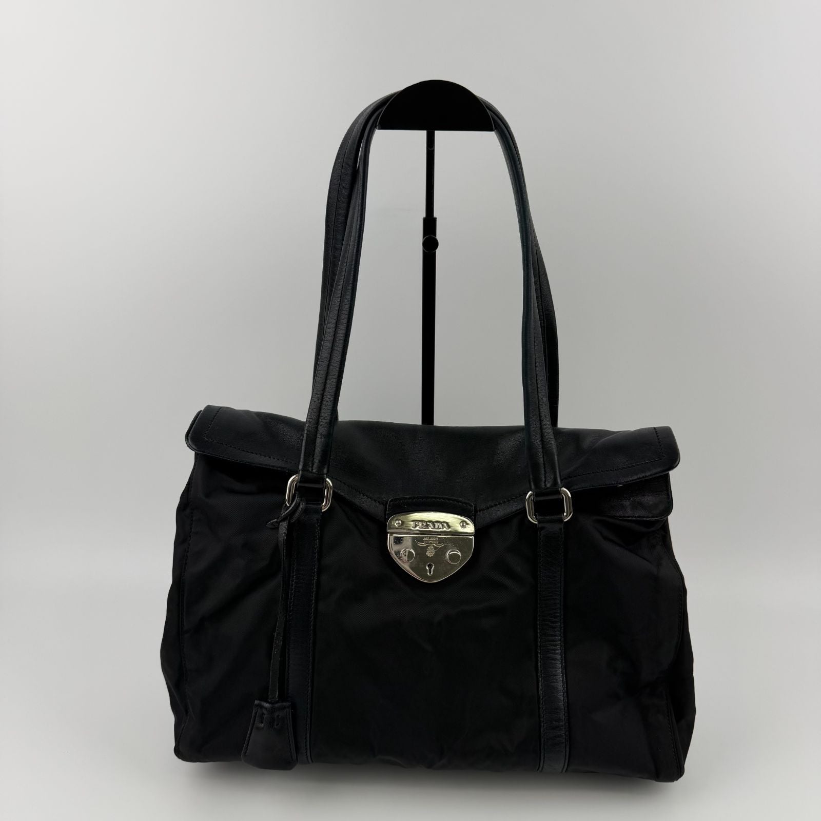 Prada Pocono Tote Black Nylon Leather Vintage