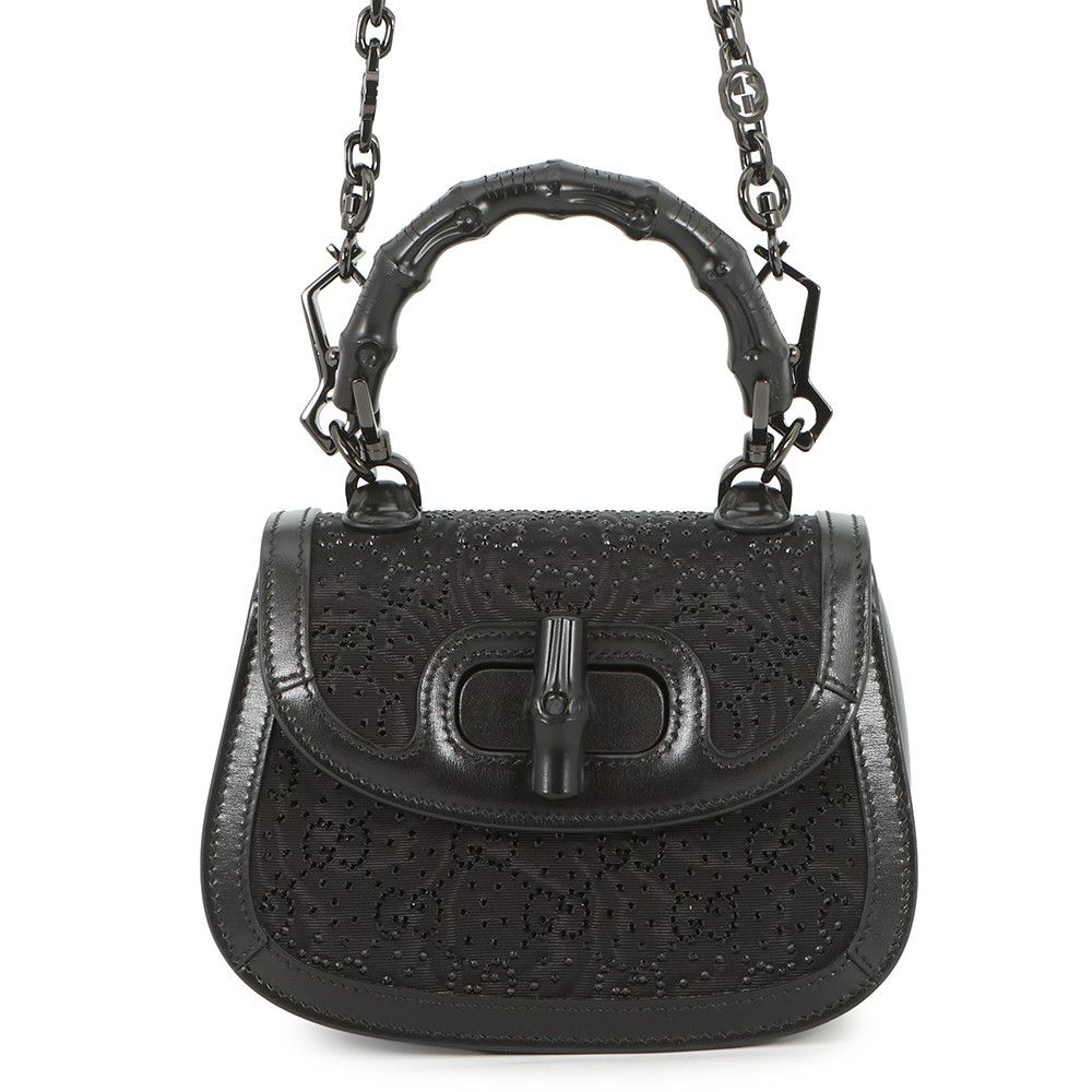 Gucci Handbag Bamboo Top Handle GG Rhinestone Canvas Leather 2-Way Black