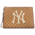 Gucci GG Canvas NY Embroidery Clutch Second Gold Beige
