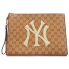 Gucci GG Canvas NY Embroidery Clutch Second Gold Beige