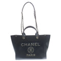 Chanel Deauville MM Studded Tote Black Caviar Leather Silver