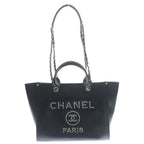 Chanel Deauville MM Studded Tote Black Caviar Leather Silver
