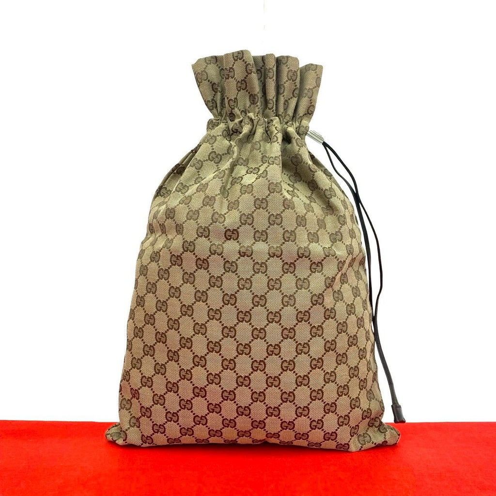 Gucci GG Canvas Leather Drawstring Shoulder Bag Tote Pouch Brown