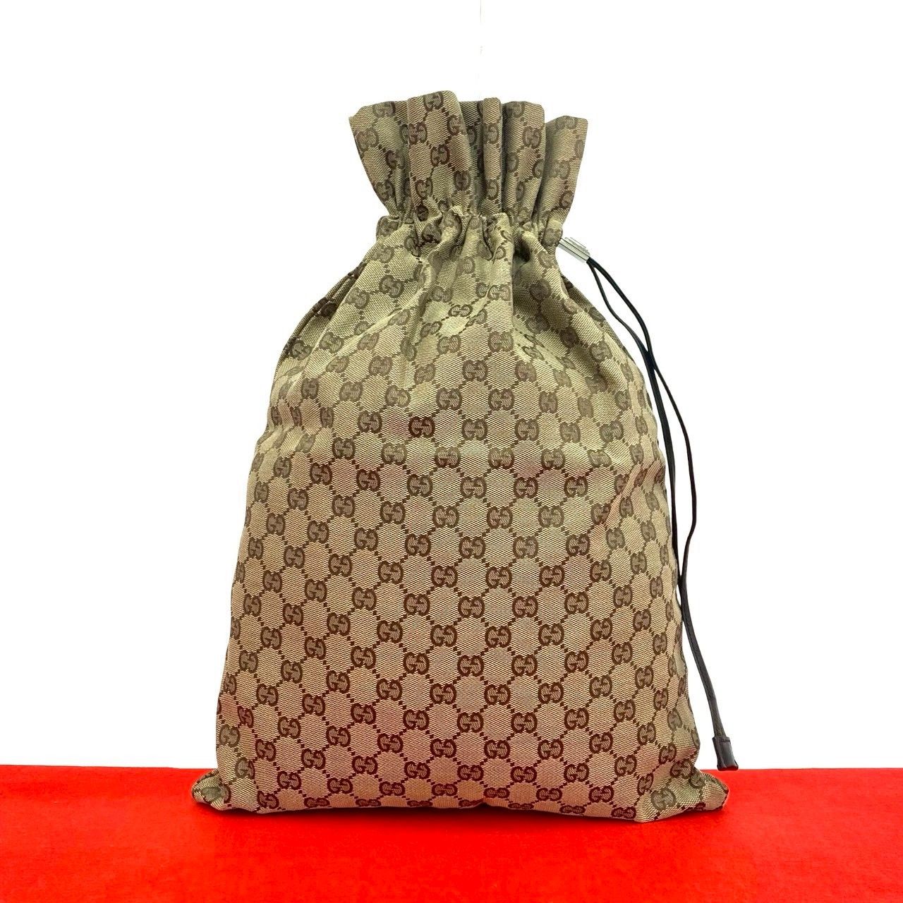 Gucci GG Canvas Leather Drawstring Shoulder Bag Tote Pouch Brown