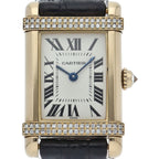 Cartier Tank Chinoise SM Watch Diamond Bezel 18k Yellow Gold Leather Silver