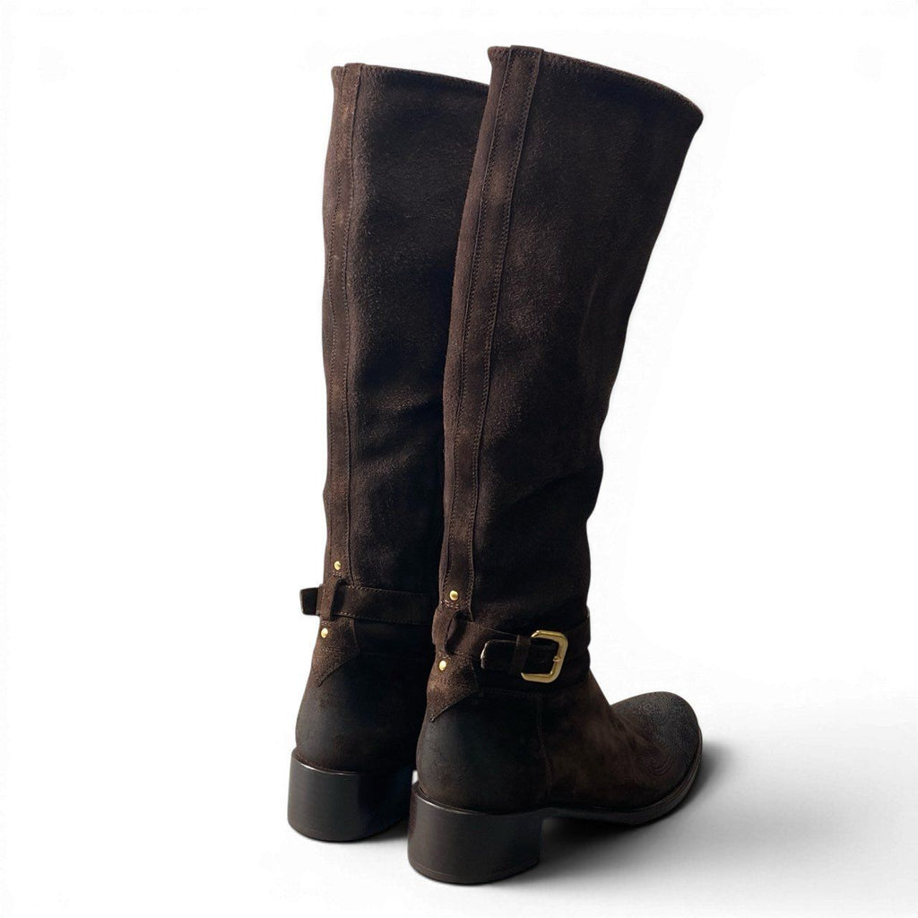 Prada Suede Leather Long Boots with Buckle Embroidery — view 4