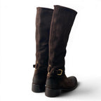 Prada Suede Leather Long Boots with Buckle Embroidery — view 4