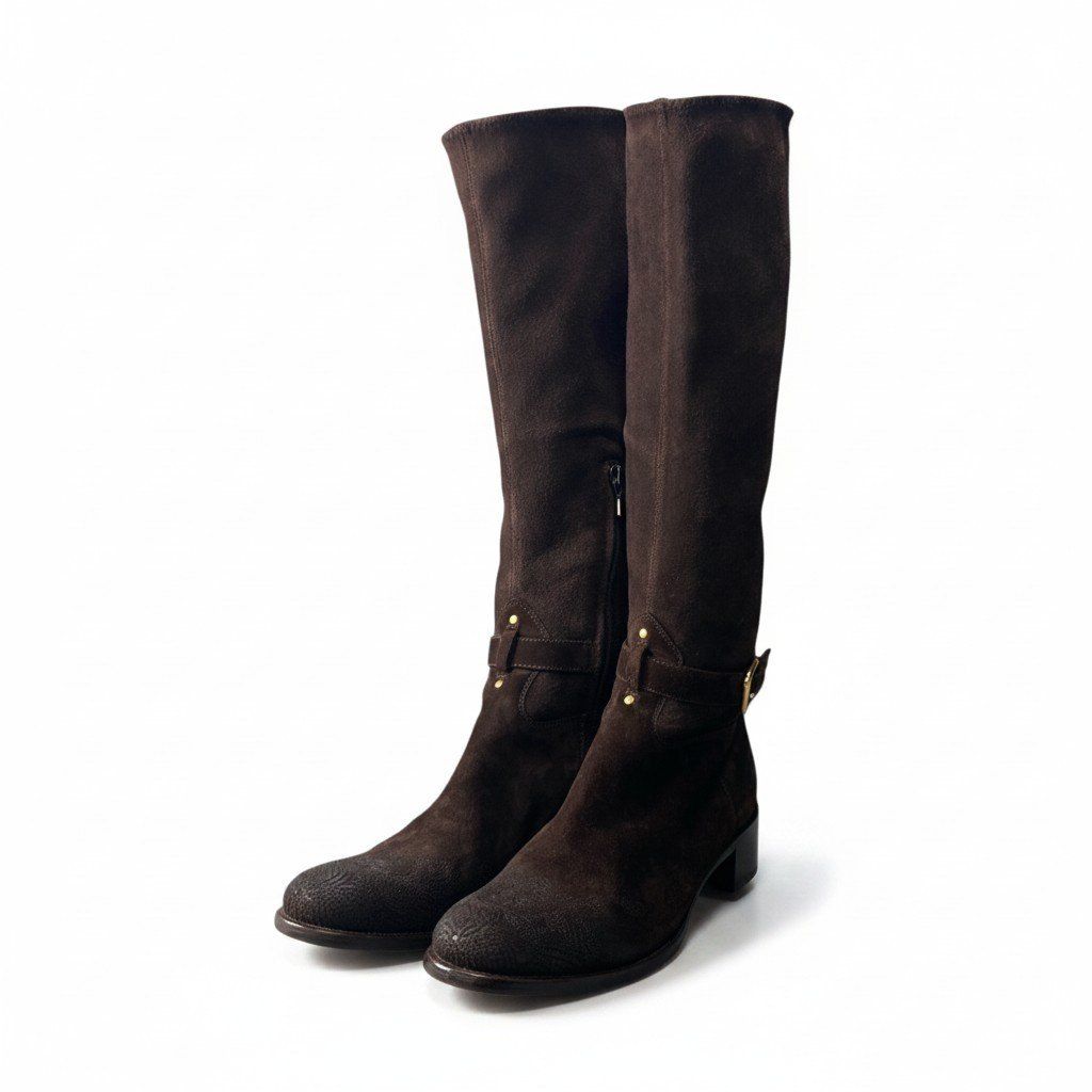 Prada Suede Leather Long Boots with Buckle Embroidery
