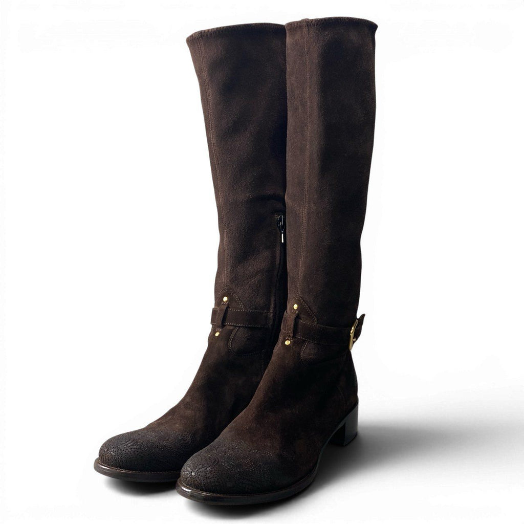 Prada Suede Leather Long Boots with Buckle Embroidery — view 2