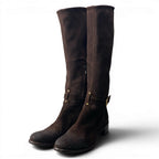 Prada Suede Leather Long Boots with Buckle Embroidery — view 2