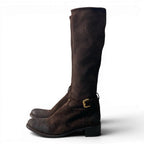 Prada Suede Leather Long Boots with Buckle Embroidery — view 3