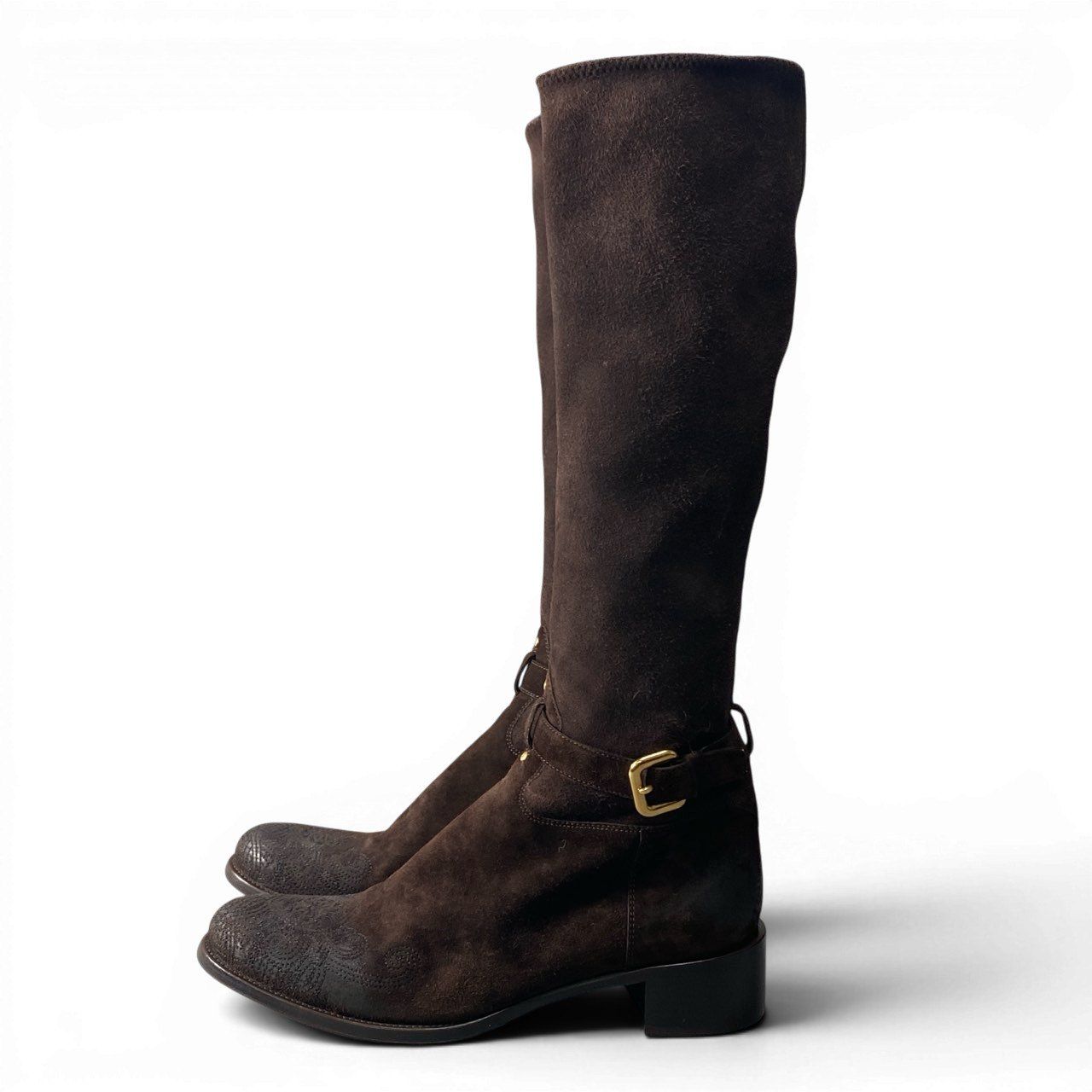Prada Suede Leather Long Boots with Buckle Embroidery — view 3