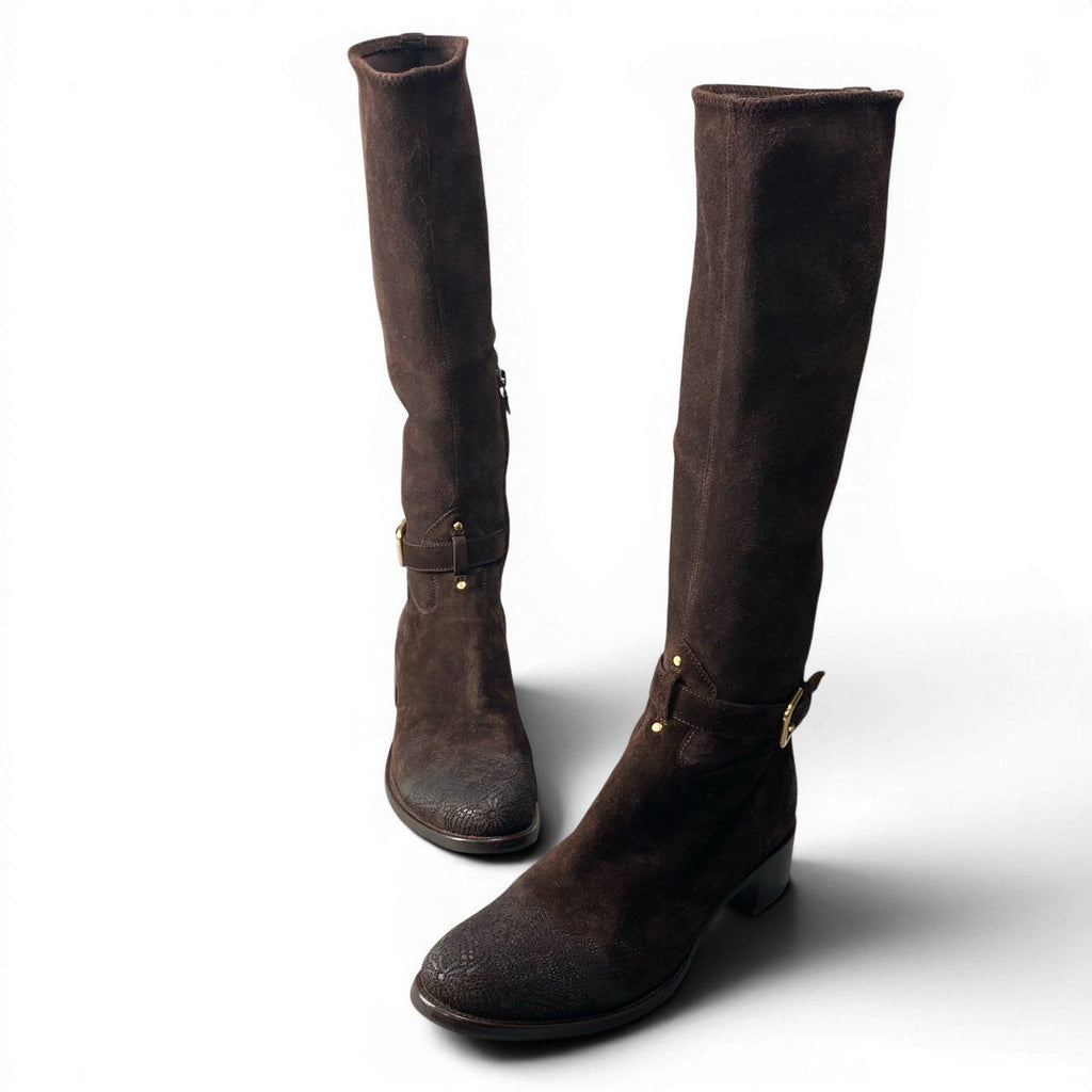Prada Suede Leather Long Boots with Buckle Embroidery — view 5