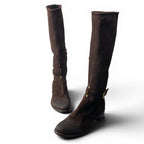 Prada Suede Leather Long Boots with Buckle Embroidery — view 5