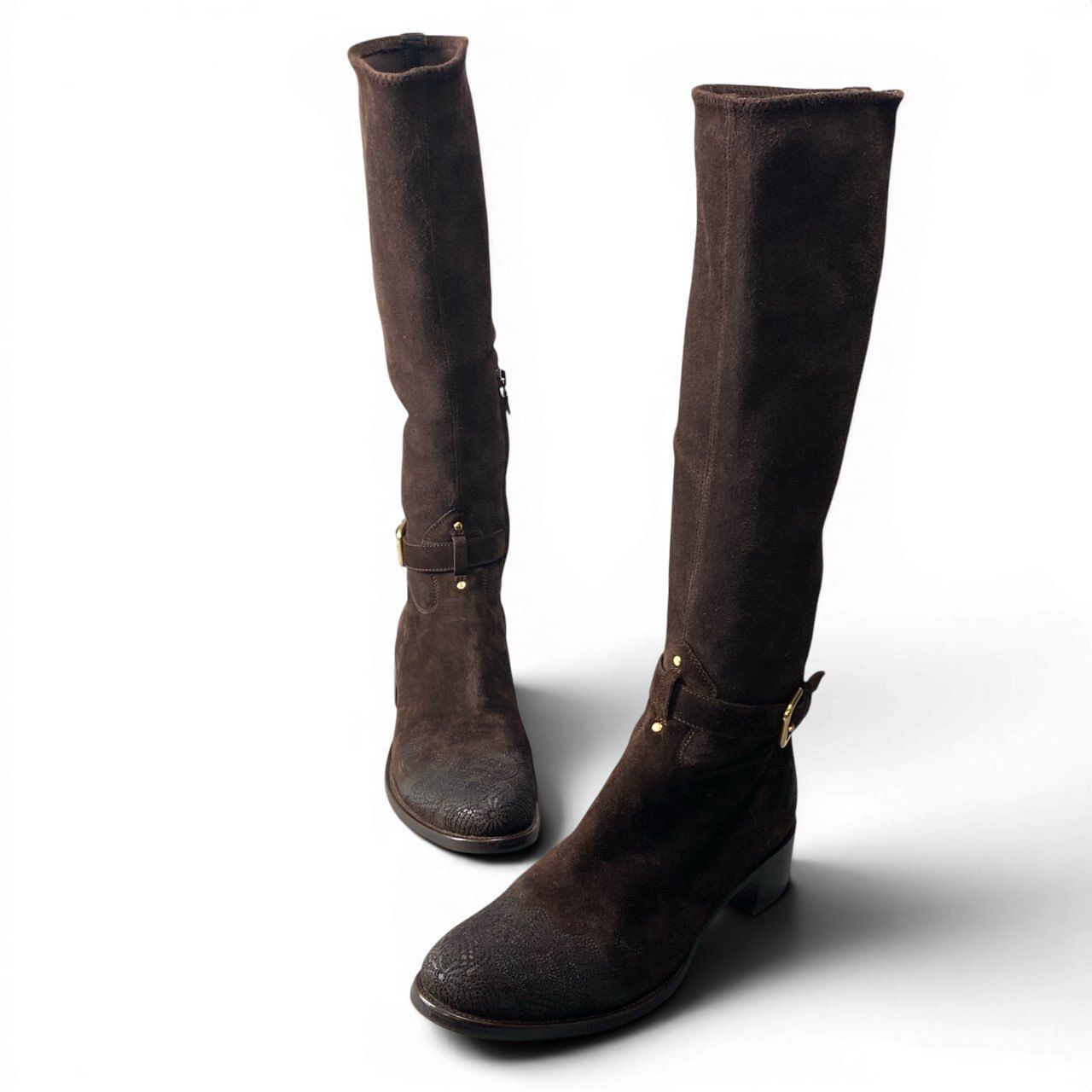 Prada Suede Leather Long Boots with Buckle Embroidery — view 5