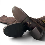 Prada Suede Leather Long Boots with Buckle Embroidery — view 6