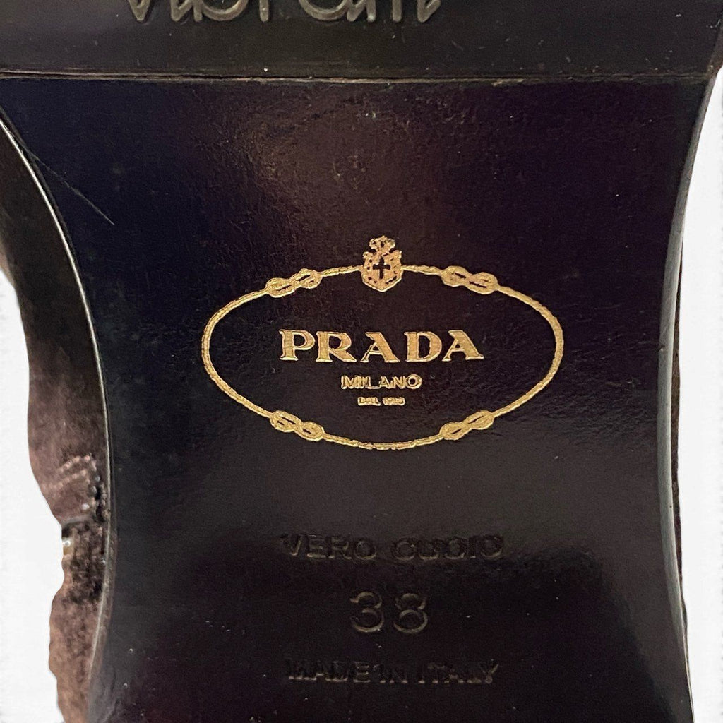 Prada Suede Leather Long Boots with Buckle Embroidery — view 8