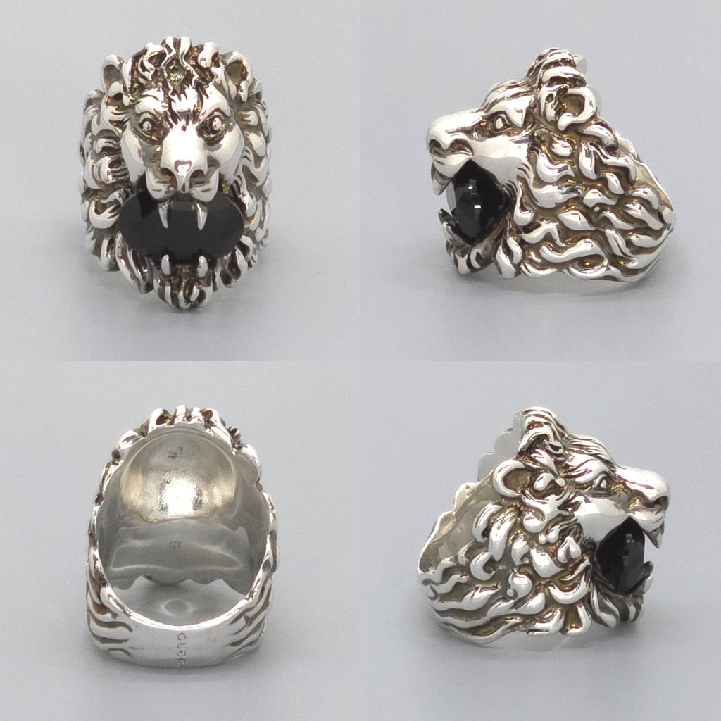 Gucci Crystal Lion Head Ring Black Aging Finish Metal