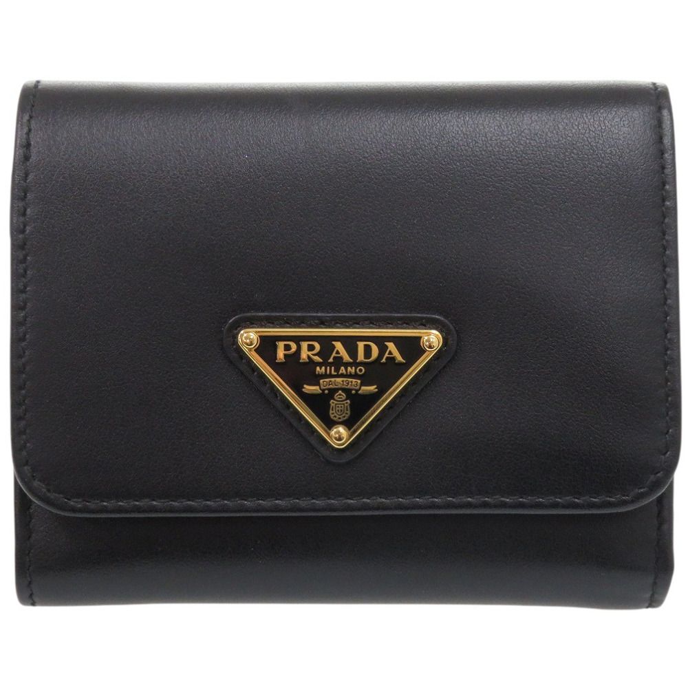 Prada Saffiano Triangle Leather Black Trifold Wallet