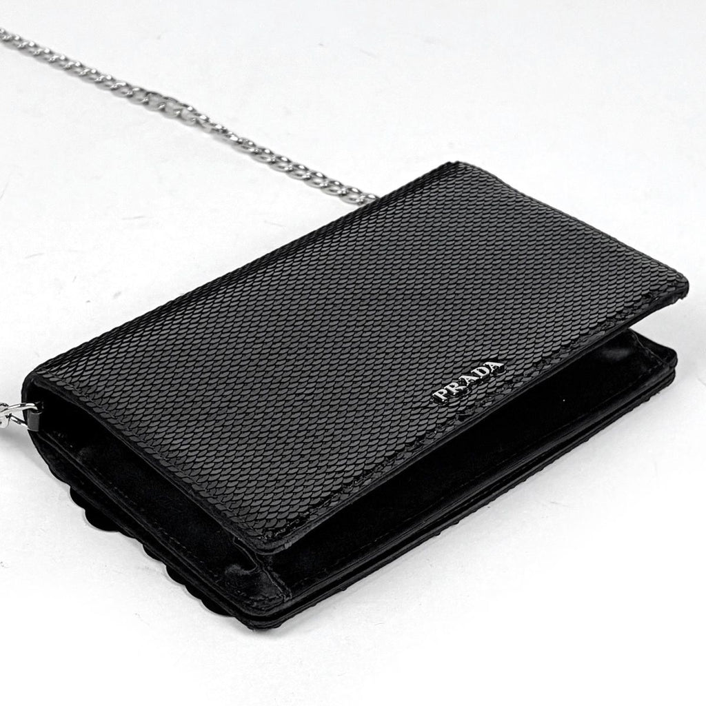 Prada Logo Chain Shoulder Bag Sequin 2-Way Satin Nero — view 2