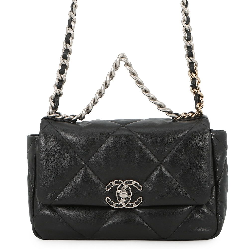 Chanel Chain Shoulder Bag 19 CC Logo Shiny Lambskin Black