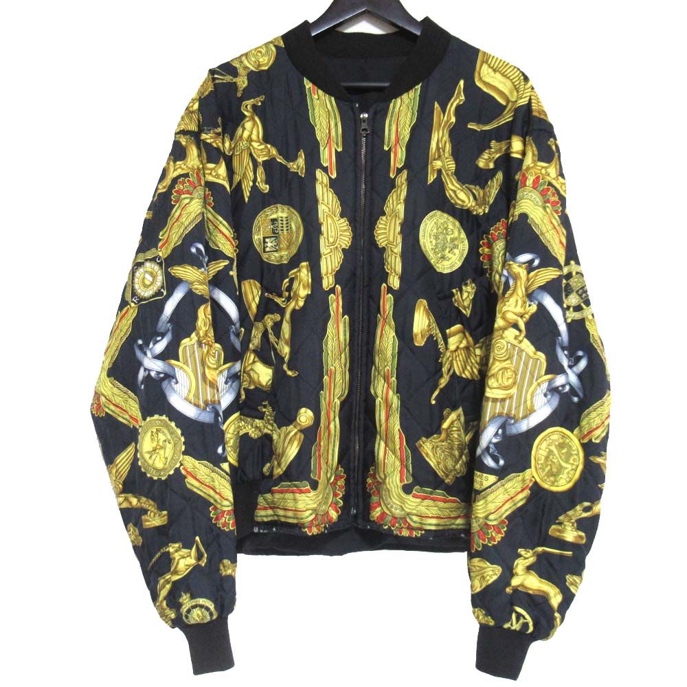 Hermes Silk Twill Scarf Pattern Reversible Zip Up Padded Bomber Jacket 54 Black