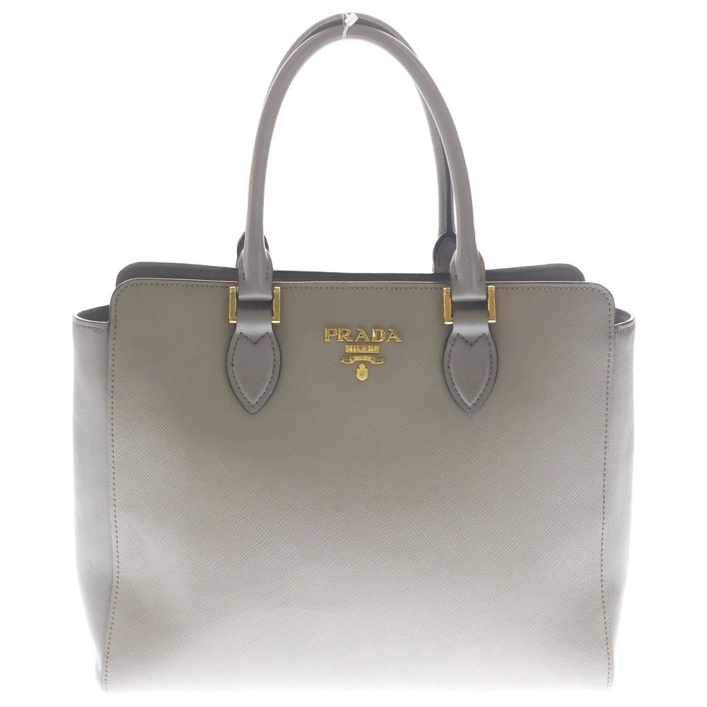 Prada Saffiano 2-Way Shoulder Bag Gray Beige Leather Gold