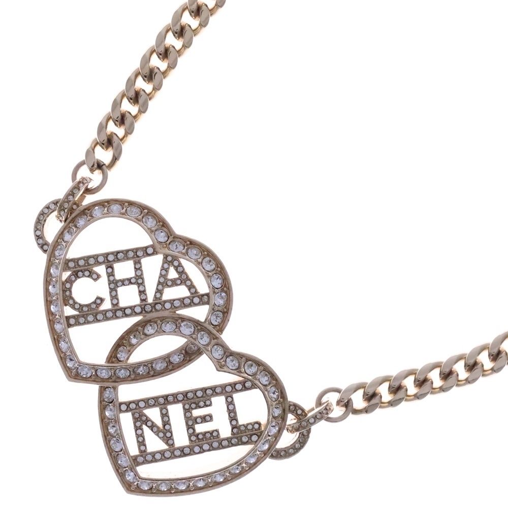 Chanel Heart Rhinestone Logo Necklace Gold