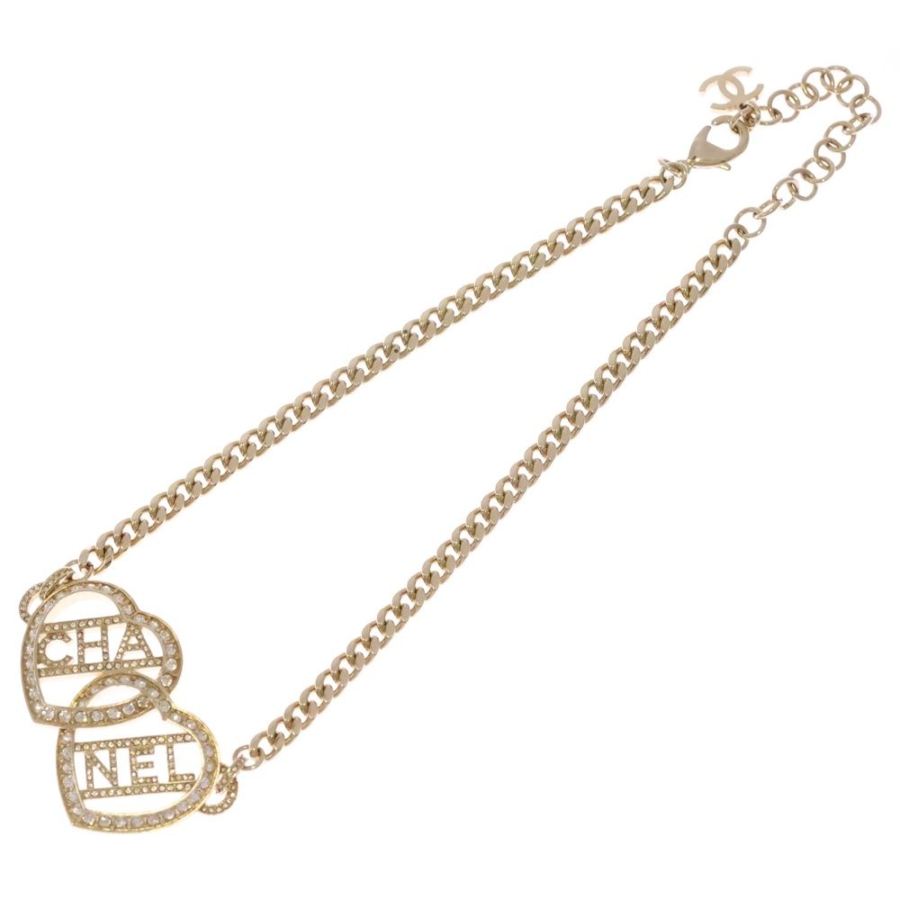Chanel Heart Rhinestone Logo Necklace Gold — view 2