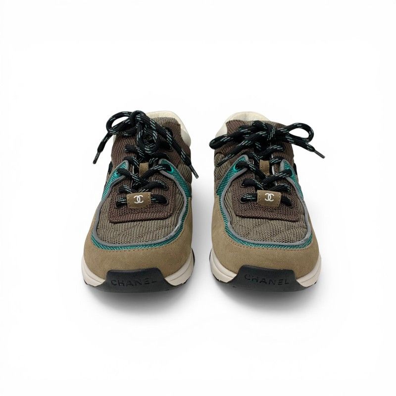 Chanel Sneakers Shoes Mesh Suede Leather Brown Green CC Logo — view 2