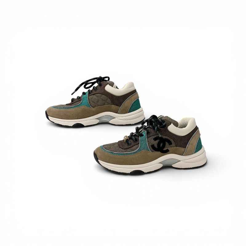 Chanel Sneakers Shoes Mesh Suede Leather Brown Green CC Logo — view 3