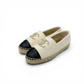 Chanel Flat Shoes Fabric Leather Ivory Black CC Logo Espadrille Chain