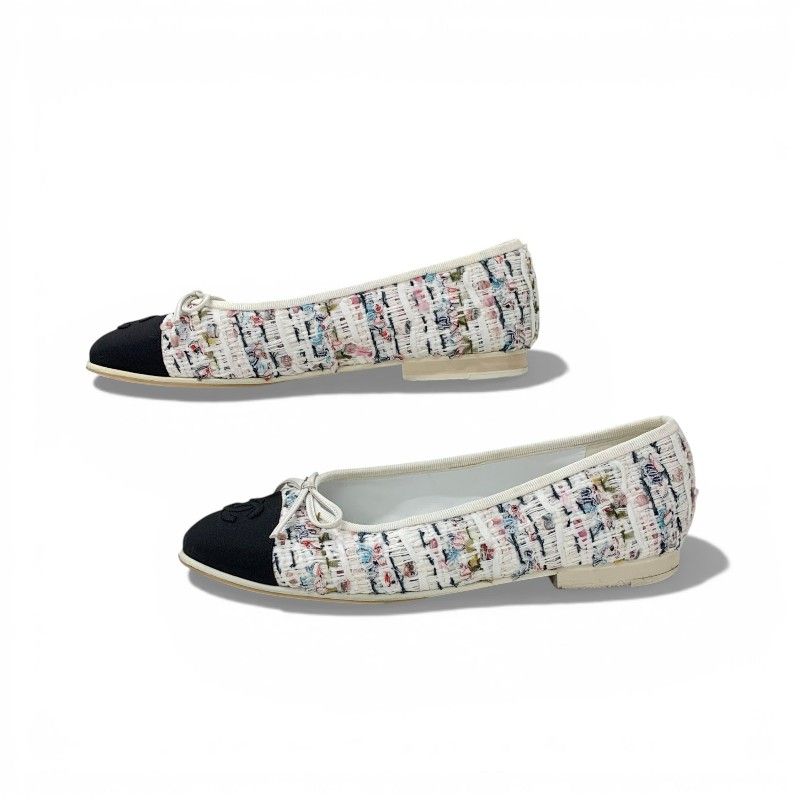 Chanel Flat Shoes Tweed White Black Multicolor CC Logo Ribbon — view 3