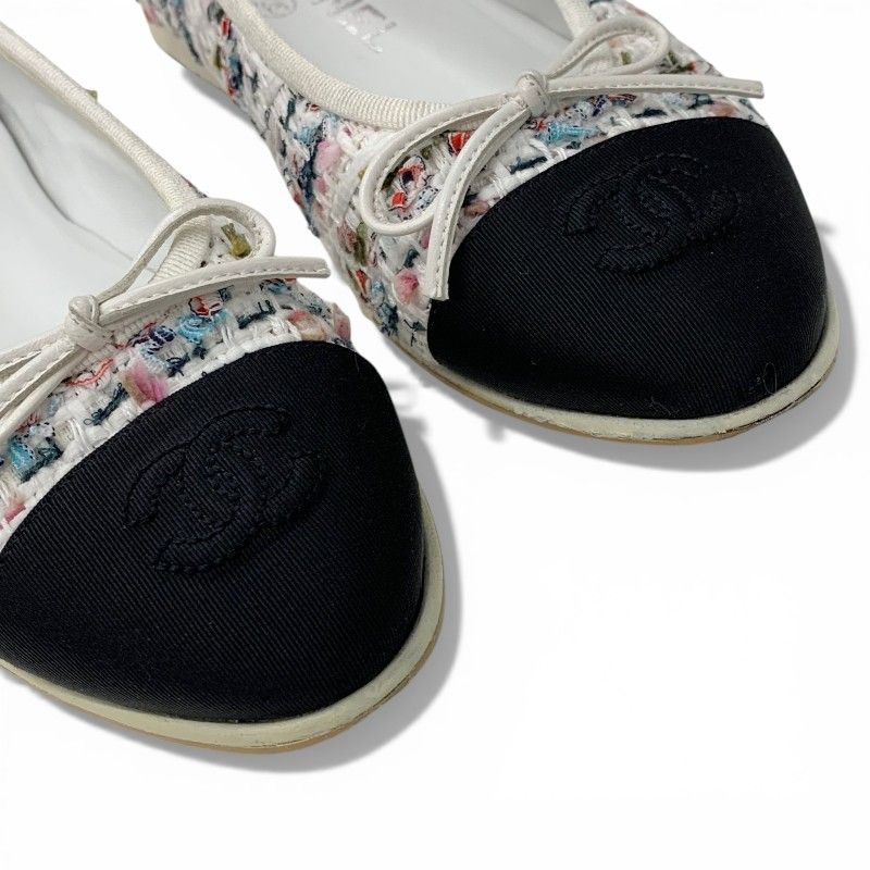 Chanel Flat Shoes Tweed White Black Multicolor CC Logo Ribbon — view 9