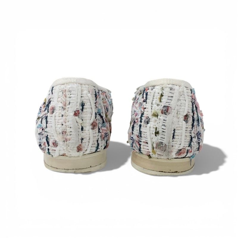 Chanel Flat Shoes Tweed White Black Multicolor CC Logo Ribbon — view 5